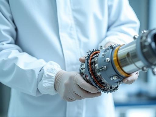 A technician in a cleanroom suit carefully assembling a telescope's primary mirror cell.