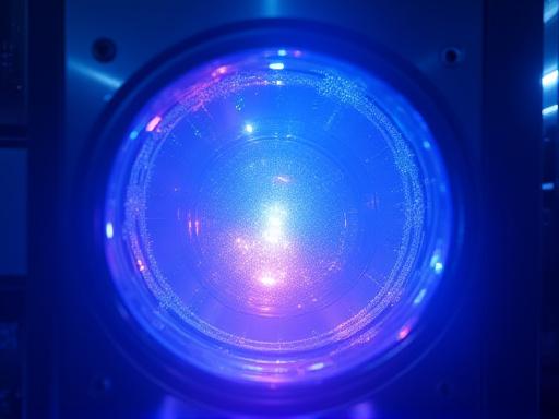 The glowing interior of a vacuum deposition chamber during the coating process.