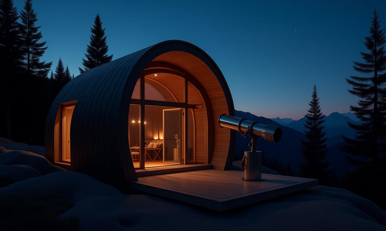 A wooden observatory with its roof rolled off, revealing a large telescope under a twilight sky.