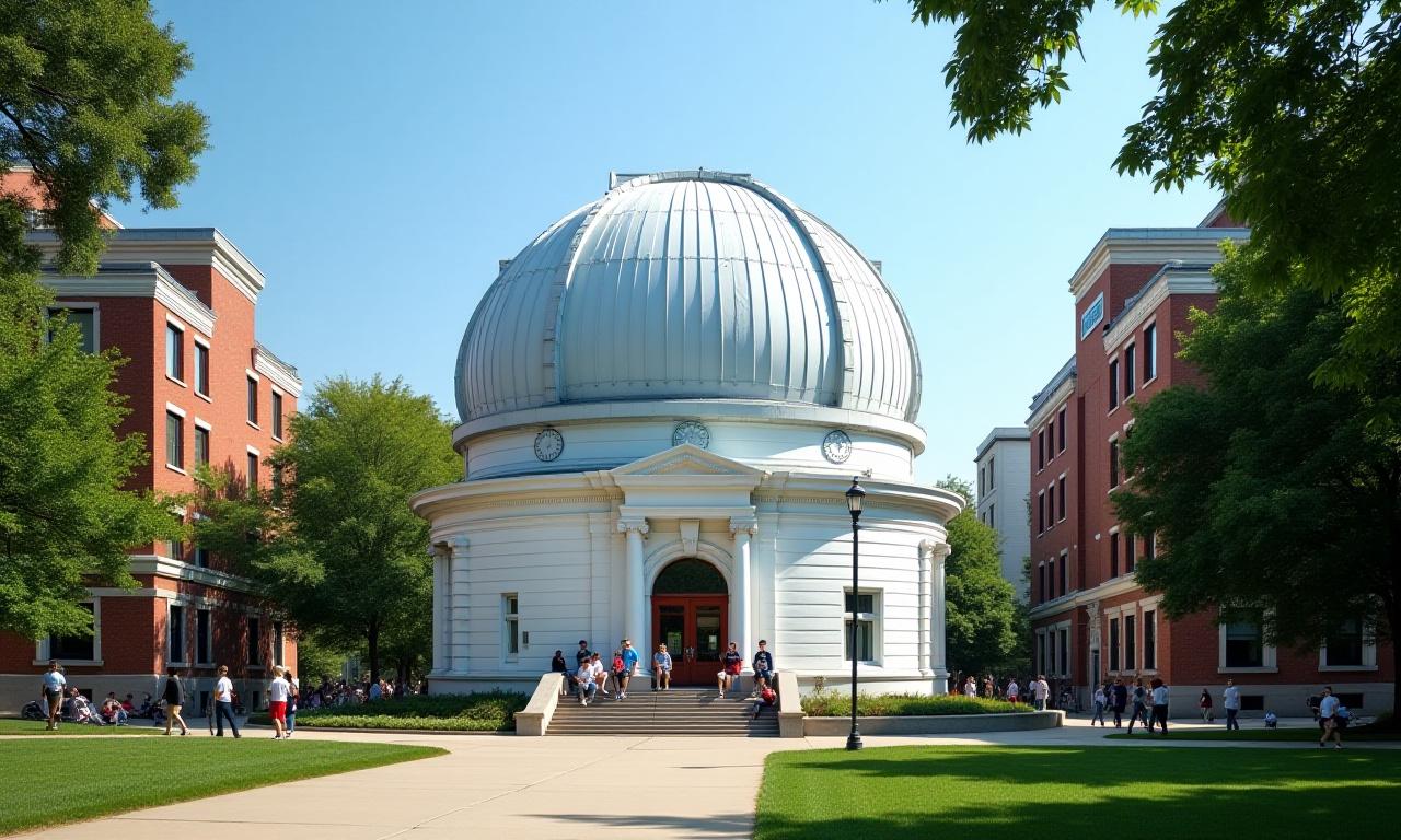 A classic white observatory dome on a university campus.